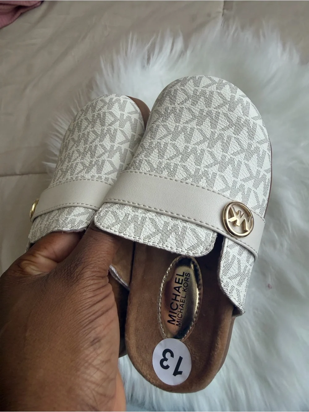 MICHAEL Michael Kors Girls' Beige Logo Slip-On Mules with Gold MK Accent